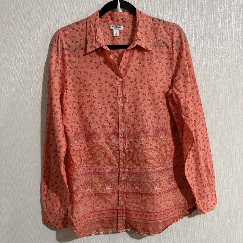 Old Navy Button Down Cotton Shirt Pink Pattern Beach Coastal Boho West Women's M